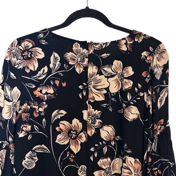 SaltwaterLUXE Black Hibiscus Bell Sleeve Ruffle Hem Mini Dress- Size Medium - Picture 6 of 11